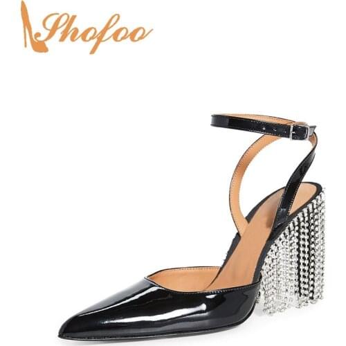 Black Crystal Fringe High Heels Pointed Toe Women Pumps Buckle Strap Large Size 14 15 Ladies Summer Fashion Party Shoes Shofoo