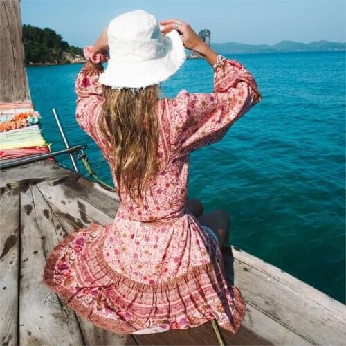 Pink 2 Piece Set Women Floral Print Sets Summer Dress Long Sleeve Mini boho Dress Gypsy Beach 2020 Bohemian Suit Party Wear