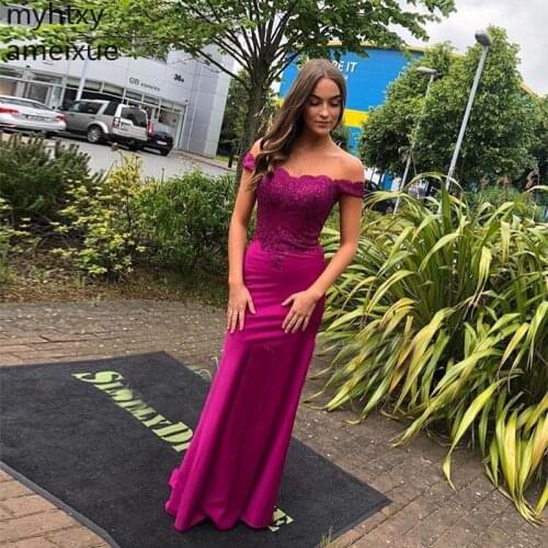2020 Off Shoulder Long Prom Dresses Boat Neck Appliques Purple Color Full Length Women Party Evening Gowns Mermaid Dress Elegant