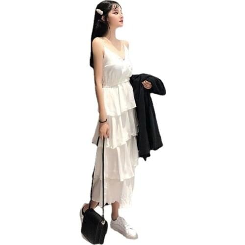 2021 Summer New French Evening Cake Harajuku Skirt Light Luxury Black Sexy Midi Chiffon Suspender Womens Loose Slim Dress