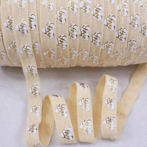 5/8"elastic #815 Cream gold Love printed foe for Valentine elastic ribbon,50yards per lot