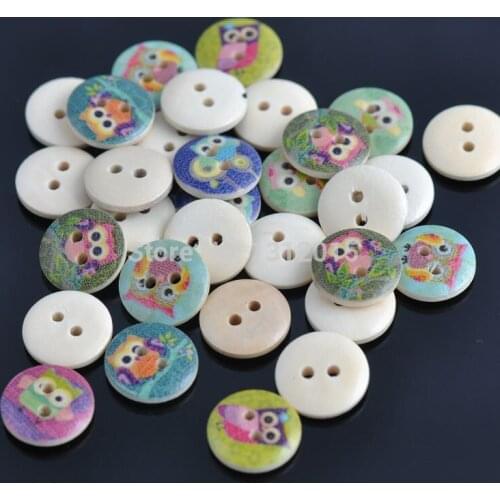 50pcs 15mm Mixed Owl painted Round Wooden buttons For Sewing Scrapbooking Crafts decoration B1215-30X