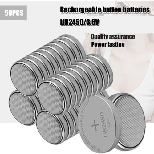 50pc 3.6V LIR2450 Rechargeable Batteries 120mAh 500 Times Lithium Coin Cell Button Battery Replaced CR2450 High Quality New