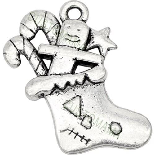 60pcs- Antique Tibetan Silver 2 Sided Christmas Stocking Charms Pendant, Jewelry Making 27x18mm
