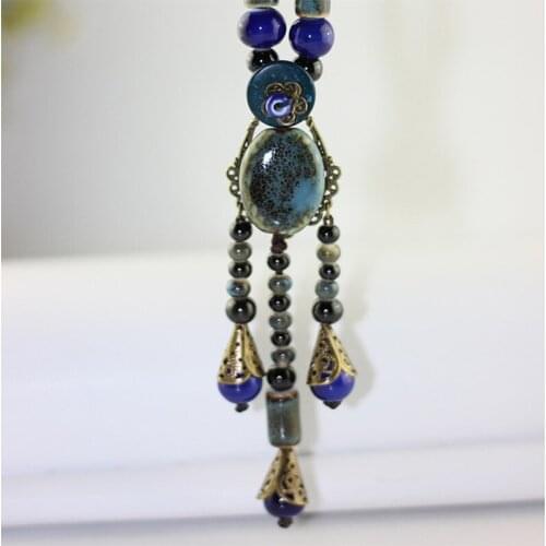 Bohemian Water Drop Pendants Necklaces Ceramic Round Beads Long Chokers Big Charm Satement Necklace Gold Color Chains Jewelry