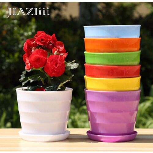 JIAZIiii Colorful Plastic Flower Pot With Tray Home Balcony Small Green Plant Bonsai Cachepot Indoor Outdoor Decorative Nursery