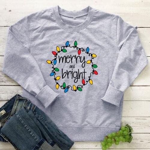 Colored Christmas Light Merry And Bright Sweatshirt Aesthetic Winter Holiday Pullovers Funny Women Christmas Party Sweatshirts
