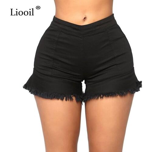 Liooil Sexy Black White Short Jeans With Tassel 2021 Summer Clothes Zipper Up Ladies Streetwear Skinny Washed Denim Shorts