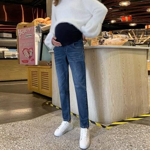 Pregnant women stretch denim pants straight pants 2019 new autumn Korean fashion stomach lift pants