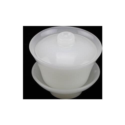 Chinese Natural White Jade Carving Kung Fu Tea Bowl With Fitted Cover Tea Cup Tea Set