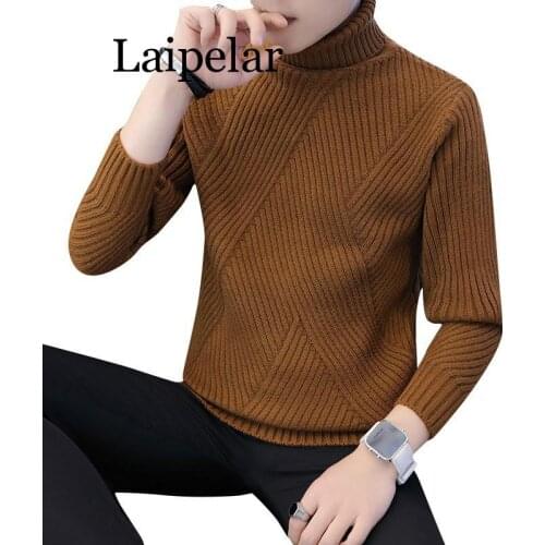 Laipelar Winter Thick Warm Sweater Men Turtleneck Irregular Stripe Sweaters Slim Fit Pullover Knitwear Pull White