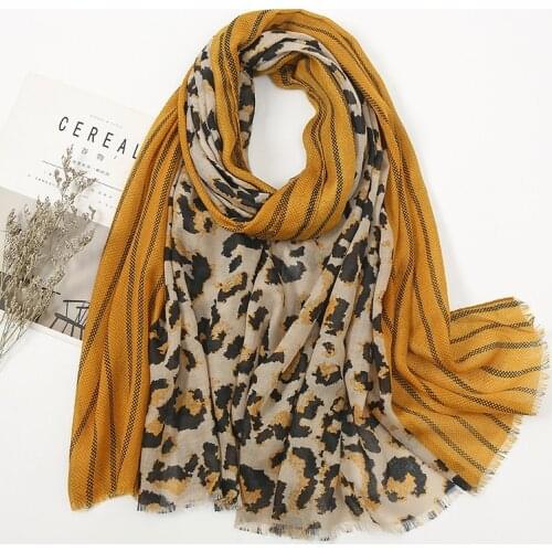 Leopard Scarf Womens Cotton Linen Scarf Cotton Hijab Yellow Striped Scarves for Spring 2021 Uneven Spain Style Headscarf Wrap