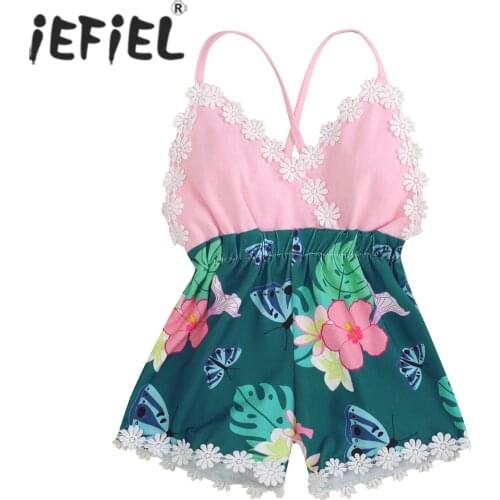 Summer Rompers Newborn Baby Girl Sleeveless Lace Floral Print Strap Romper Backless V Neck Patchwork Jumpsuit One-Piece Outfits
