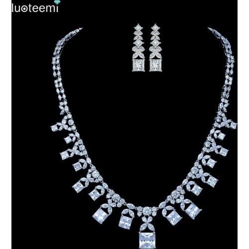 LUOTEEMI 2016 Fashion New Luxury Vintage Necklace Dangle Earring Set White Gold-Color For Women Wedding Bridal Jewelry Brinco