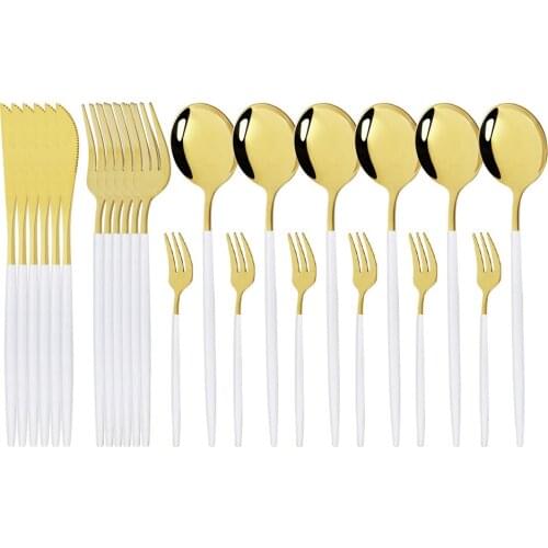 24pcs White Gold Dinnerware Set 18/10 Stainless Steel Knife Fork Spoon Cutlery Set Kitchen Tableware Set Flatware Set Wholesale