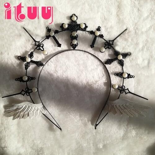 Handmade KC Halo Crown Headwear Retro Gothic Virgin Mary Dark Aura Cross Halo Crown Novelty Headband Halloween Hair Accessories