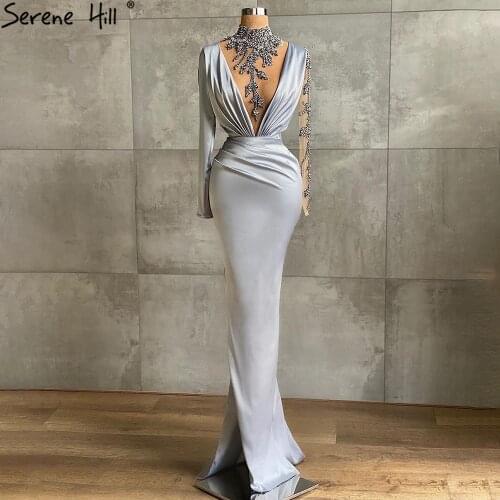 Serene Hill Muslim Silver Split Meramid Evening Dresses Gowns 2021 Satin Beading Elegant For Women Party LA71087