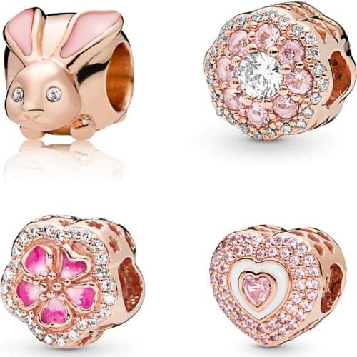 100% Sterling 925 Silver Cute Rose Gold Rabbit Charm fit Pandora Bracelet Shinny Flower Heart Gift Beads for DIY Jewelry Making