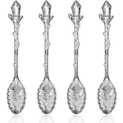 T21D 4 Pcs Retro Crystal Alloy Stereoscopic Spoon Coffee Tea for Cafe Tableware