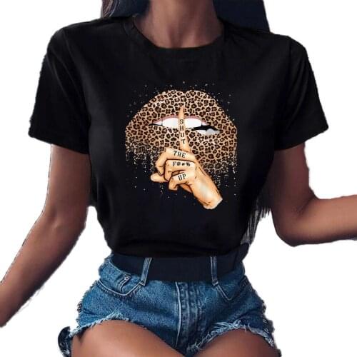 2021 Summer Fashion Women Leopard Lip Printed T-shirt Tops Casual O Neck Short Sleeve Korean Style Tee Tops WDC7061
