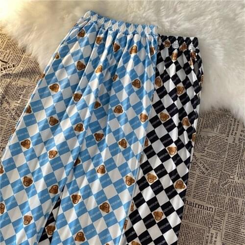 Bear Lattice Print Women Pants Harajuku 2021 High Waist Loose Trousers Female Sweatpants and T Shirts Crop Top 2 Piece Set Teen