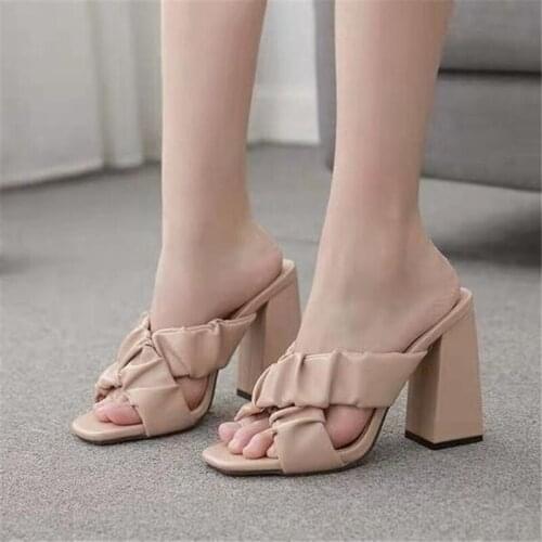 Sexy Pleated Ladies Slippers Summer Fashion Party High Heels Shoes Gladiator Slides Sandals Women