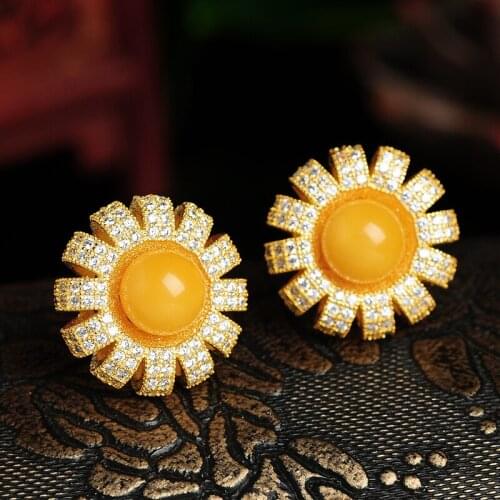 925 silver inlaid natural yellow honey wax ball sunshine vitality sun flower ear nails fashion retro womens ear nails