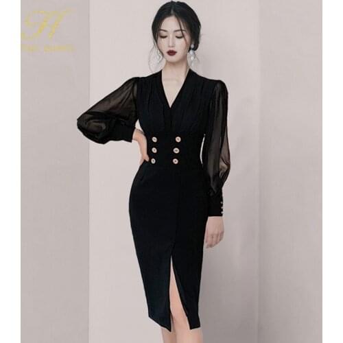 H Han Queen Elegant Split Double Breasted Dress Womens Simple Slim Chiffon Stitching Sheath Bodycon Dresses Office Wear Vestidos