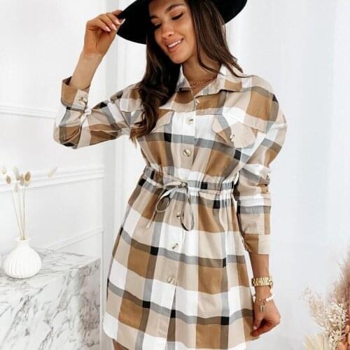 Plaid Printed Shirt A-line Dress Ladies Single-breasted Autumn Long Sleeve Draw String Turn-down Collar OL Women Short Dresses