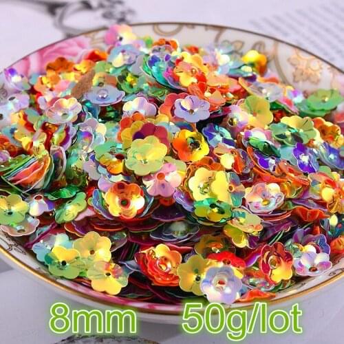 50g/lot PVC Sequins 8mm Flower Zapato Flor With 1 Center Hole Plum Blossom Cup Sequins Decoration Hologram Sequins Mix Colors