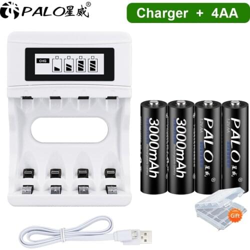 PALO 1.2V AA Rechargeable Batteries 3000mAh Ni-MH NiMH Ni MH 2A Rechargeable Battery for Camera Toy Car and 1.2V Battery Charger