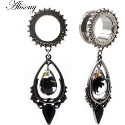 Alisouy 2pc Ear Piercing Tunnels Plugs Stainless Steel Dangle Teardrop Earrings Stone Expander Ring Body Jewelry Gift For Women