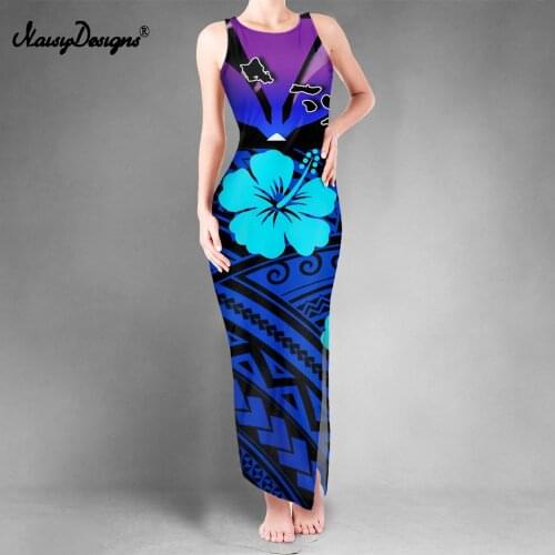 Noisydesigns Long Dresses For Women Party Sexy Vestidos Slit Vest Blue Hibiscus Floral Printing Robe Ete 2021 Bodycon Clothes