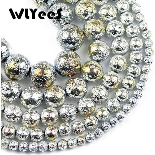 Natural Stone Beads plating Silvers Green Rock Volcanic Lava Round Bead For Jewelry Making DIY Bracelet Accessories 4/6/8/10/12m