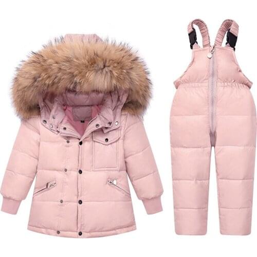 Childrens Down Jacket Suit Baby Hooded Padded Fur Collar Coat Two-Piece Sets Winter Warm Clothing