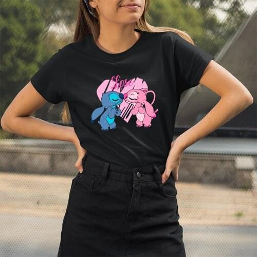 T Shirt Women Lilo & Stitch Cartoon Pattern Outdoor Black White T-shirts Female Kawaii Harajuku Disney Dropship Trend O-Neck Top