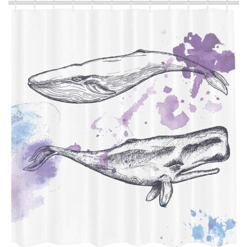 Whale Shower Curtain Grunge Ocean Mammals with Paintbrush Effects and Brushstroke Murky Artwork Fabric Bathroom Decor Set