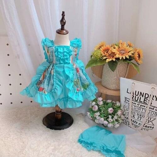 2Pcs Baby Girl Blue Vintage Spanish England Turkey Lolita Ball Gown Dress Princess Sleeveless Dress Birthday Party Dress 0-6Y