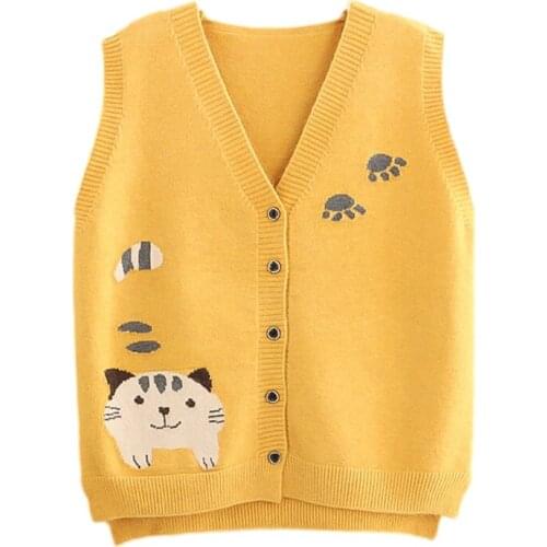Kawaii Sweater Girls Pink Knitted Vest Cute Cartoon Cat Fashion Sleeveless Button Down Cardigan Women Vintage School Blue Jumper