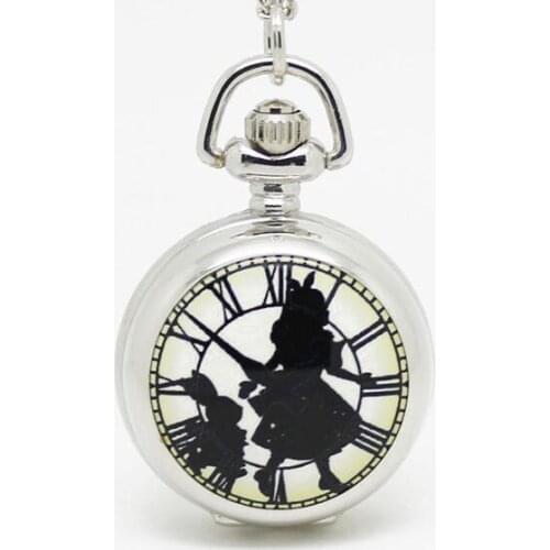 Fashion silver enamel mirror black in wonderland roman clock girl alice pocket watch necklace hour clock wholesale antibrittle