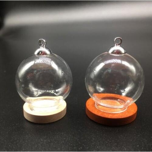 5sets/lot 25*15mm round glass globe orbs bottle wood base beads cap set wishing glass vial cover dome glass bottle cute charms