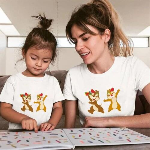 Disney Chip And Dale Cartoon Family Matching Clothes Casual Father Son Mother and Daughter Shirts White O-neck Family Look Tops