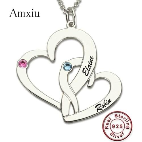 Amxiu Custom 925 Silver Necklace Engrave Two Names Necklace Double Hearts Pendant Necklace For Women Personalized Zircon Jewelry