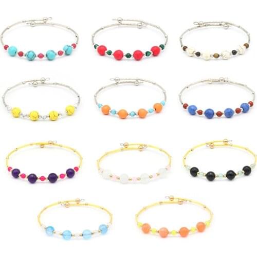 Popular Stainless Steel Wire Chain Stone Wrap Bracelets Turquoise Gemstone Wrap Bracelets in Silver/Gold 5pcs/lot GB001