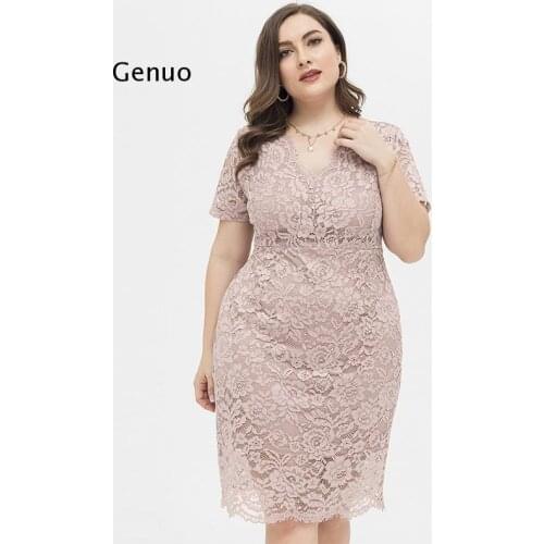 Plus Size Pink Lace Dress Sexy V Neck Short Sleeve Bodycon Party Dress Women Evening Elegant Casual Pencil Midi Dress 2021