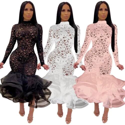 RMSFE 2021 Ladies Long Sleeve Half High Neck Fashion Hollow Lace Large Sexy Nightclub Dress Solid Color Dress