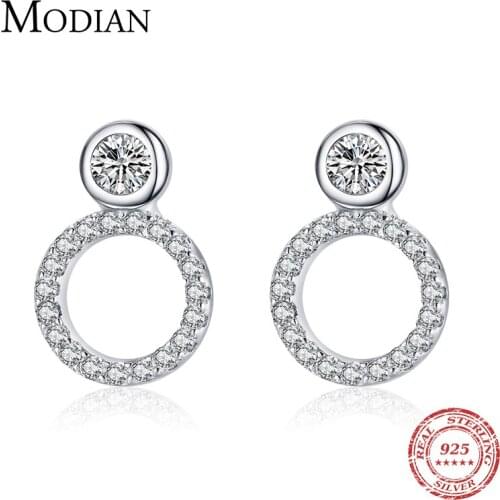 Modian 100% Real 925 Sterling Silver Classic Geometric Round Stud Earrings for Women Luxury Clear CZ Fine Female Wedding Jewelry