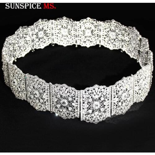 Sunspicems Moroccan Chic Caftan Belt for Women Full Rhinestone Wedding Dress Wide Waistband Metal Waist Chain Bridal Jewelry
