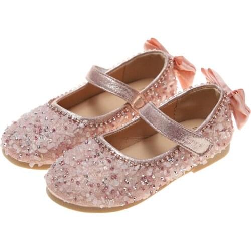 Girls Flats For Spring Kids Loafers Rhinestone Sequins Hook & Loop Solid Children Shoes For Girls Wedding Party Gifts Baby Shoes