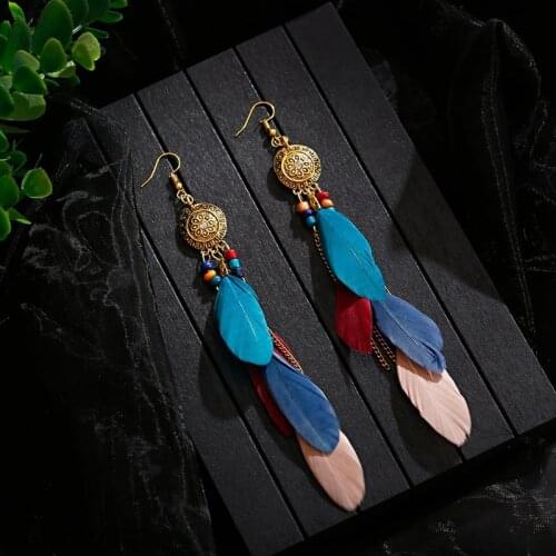 2020 Colorful Long Feather Vintage Bohemian Fringed Earrings Gold Alloy Chain Tassel Earrings Boho Indian Jewelry